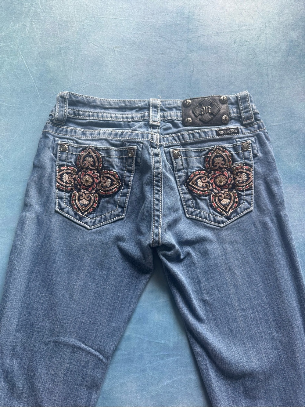 Miss Me Light Blue Embroidered Straight Leg Jeans